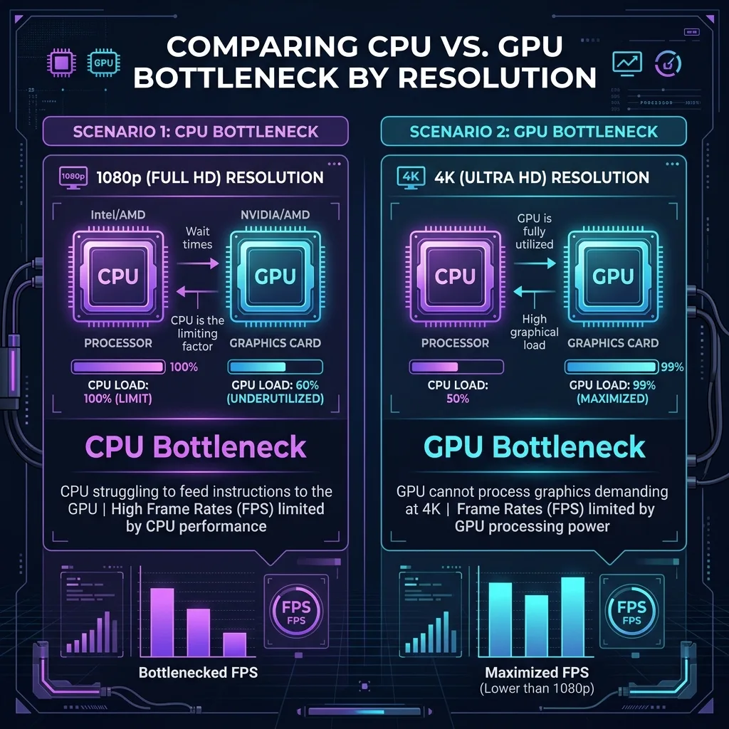 Infographic displaying how resolution affects component load: 1080p causes high CPU load, while 4K shifts workload to 99% GPU load.