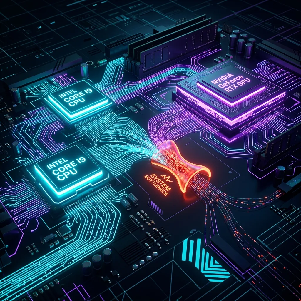 Glowing 3D concept of a CPU and GPU connected by optical data lines with a bottleneck choke point.