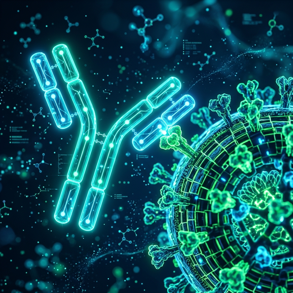 Highly detailed scientific illustration of a glowing Y-shaped antibody protein binding to a foreign antigen spike on the surface of a virus.